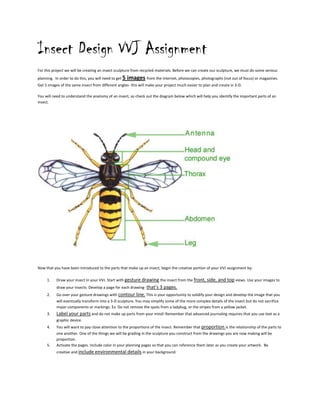 Insect Design VVJ Assignment<br />For this project we will be creating an insect sculpture from recycled materials. Before we can create our sculpture, we must do some serious planning.  In order to do this, you will need to get 5 images from the internet, photocopies, photographs (not out of focus) or magazines.  Get 5 images of the same insect from different angles- this will make your project much easier to plan and create in 3-D.<br />You will need to understand the anatomy of an insect, so check out the diagram below which will help you identify the important parts of an insect. <br />Now that you have been introduced to the parts that make up an insect, begin the creative portion of your VVJ assignment by:<br />,[object Object]