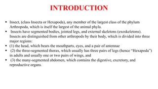 INTRODUCTION
Insect, (class Insecta or Hexapoda), any member of the largest class of the phylum
Arthropoda, which is itself the largest of the animal phyla.
Insects have segmented bodies, jointed legs, and external skeletons (exoskeletons).
Insects are distinguished from other arthropods by their body, which is divided into three
major regions:
(1) the head, which bears the mouthparts, eyes, and a pair of antennae
(2) the three-segmented thorax, which usually has three pairs of legs (hence “Hexapoda”)
in adults and usually one or two pairs of wings, and
(3) the many-segmented abdomen, which contains the digestive, excretory, and
reproductive organs.