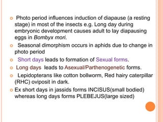  Photo period influences induction of diapause (a resting
stage) in most of the insects e.g. Long day during
embryonic development causes adult to lay diapausing
eggs in Bombyx mori.
 Seasonal dimorphism occurs in aphids due to change in
photo period
 Short days leads to formation of Sexual forms.
 Long days leads to Asexual/Parthenogenetic forms.
 Lepidopterans like cotton bollworm, Red hairy caterpillar
(RHC) oviposit in dark.
 Ex short days in jassids forms INCISUS(small bodied)
whereas long days forms PLEBEJUS(large sized)
 
