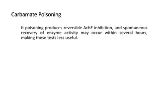 Carbamate Poisoning
It poisoning produces reversible AchE inhibition, and spontaneous
recovery of enzyme activity may occur within several hours,
making these tests less useful.
 