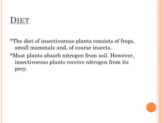 DIET

*The diet of insectivorous plants consists of frogs,
  small mammals and, of course insects.
*Most plants absorb nitrogen from soil. However,
  insectivorous plants receive nitrogen from its
  prey.
 