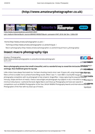 4/23/2018 Insect macro photography tips - Amateur Photographer
http://www.amateurphotographer.co.uk/technique/macro_photography/insect-macr-photography-tips-117794 1/22
(http://www.magazinesdirect.com/QAP/14NT?
utm_medium=Banner&utm_source=BRAND+WEBSITE&utm_campaign=QAP_2018_Def_Bnr_1300x100)
Insect macro photography tips
Macro photography proves that small is beautiful, and is a wonderful way to reveal the intricacies of insects
and bugs. Ross Hoddinott gives his top tips
Little critters have always fascinated me. I’ve been shooting insects since I was 10 years old, using inexpensive close-up
lters at rst to enable me to achieve frame- lling results. When I was 11, I won BBC’s Country le inaugural
photography competition with my photograph of two emperor dragon ies. I enjoy capturing the exquisite beauty,
intricacy, shape and form of insects. I favour natural light and photograph my subjects in situ in the wild to cause
minimum disturbance. I authored the book Digital Macro and Close-up Photography and have won awards in
competitions such as Wildlife Photographer of the Year, British Wildlife Photography Awards and International Garden
Photographer of the Year with my close-ups of insects.
Home (http://www.amateurphotographer.co.uk/) /
Technique (http://www.amateurphotographer.co.uk/technique) /
Macro photography (http://www.amateurphotographer.co.uk/technique/macro_photography)
Amateur Photographer
(http://www.amateurphotographer.co.uk/author/amateurphotographe
April 6, 2018
(https://www.fa
u=http://www.a
macr-
photography-
tips-
117794)
f (https://twi
url=http://w
macr-
photograph
tips-
117794&te
macro
photograph
tips)
t (http://
url=htt
macr-
photog
tips-
117794
macro
photog
tips)
p
(http://www.amateurphotographer.co.uk)
 