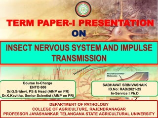 TERM PAPER-I PRESENTATION
ON
INSECT NERVOUS SYSTEM AND IMPULSE
TRANSMISSION
Course In-Charge
ENTO 606
Dr.G.Sridevi, PS & Head (AINP on PR)
Dr.K.Kavitha, Senior Scientist (AINP on PR)
SABHAVAT SRINIVASNAIK
ID.No: RAD/2021-25
In-Service I Ph.D
DEPARTMENT OF PATHOLOGY
COLLEGE OF AGRICULTURE, RAJENDRANAGAR
PROFESSOR JAYASHANKAR TELANGANA STATE AGRICULTURAL UNIVERSITY
 