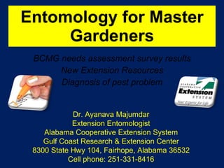 Entomology for Master Gardeners BCMG needs assessment survey results New Extension Resources Diagnosis of pest problem Dr. Ayanava Majumdar Extension Entomologist Alabama Cooperative Extension System Gulf Coast Research & Extension Center 8300 State Hwy 104, Fairhope, Alabama 36532 Cell phone: 251-331-8416 