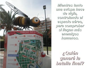 Mientras tanto
una avispa hace
     de vigía,
 controlando el
 espacio aéreo,
para comprobar
  si llegan más
    enemigos
    humanos.



   ¿Quién
 ganará la
batalla final?
 