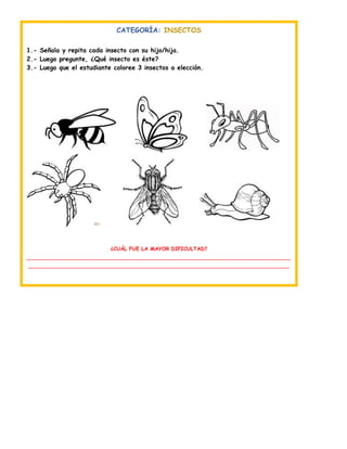 CATEGORÍA: INSECTOS
1.- Señala y repita cada insecto con su hijo/hija.
2.- Luego pregunte, ¿Qué insecto es éste?
3.- Luego que el estudiante coloree 3 insectos a elección.
¿CUÁL FUE LA MAYOR DIFICULTAD?
____________________________________________________________________________________
___________________________________________________________________________________