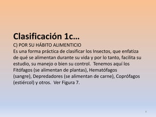 Clasificación 1c…
C) POR SU HÁBITO ALIMENTICIO
Es una forma práctica de clasificar los Insectos, que enfatiza
de qué se alimentan durante su vida y por lo tanto, facilita su
estudio, su manejo o bien su control. Tenemos aquí los
Fitófagos (se alimentan de plantas), Hematófagos
(sangre), Depredadores (se alimentan de carne), Coprófagos
(estiércol) y otros. Ver Figura 7.




                                                                  8
 