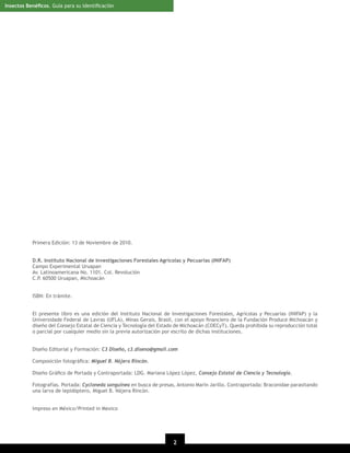 Insectos Benéﬁcos. Guía para su Identiﬁcación

Primera Edición: 13 de Noviembre de 2010.
D.R. Instituto Nacional de Investigaciones Forestales Agrícolas y Pecuarias (INIFAP)
Campo Experimental Uruapan
Av. Latinoamericana No. 1101. Col. Revolución
C.P. 60500 Uruapan, Michoacán
ISBN: En trámite.
El presente libro es una edición del Instituto Nacional de Investigaciones Forestales, Agrícolas y Pecuarias (INIFAP) y la
Universidade Federal de Lavras (UFLA), Minas Gerais, Brasil, con el apoyo ﬁnanciero de la Fundación Produce Michoacán y
diseño del Consejo Estatal de Ciencia y Tecnología del Estado de Michoacán (COECyT). Queda prohibida su reproducción total
o parcial por cualquier medio sin la previa autorización por escrito de dichas instituciones.
Diseño Editorial y Formación: C3 Diseño, c3.diseno@gmail.com
Composición fotográﬁca: Miguel B. Nájera Rincón.
Diseño Gráﬁco de Portada y Contraportada: LDG. Mariana López López, Consejo Estatal de Ciencia y Tecnología.
Fotografías. Portada: Cycloneda sanguinea en busca de presas, Antonio Marín Jarillo. Contraportada: Braconidae parasitando
una larva de lepidóptero, Miguel B. Nájera Rincón.
Impreso en México/Printed in Mexico

2
20

 
