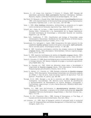 Insectos Benéﬁcos. Guía para su Identiﬁcación

Romero, C.; J.E. Araya; M.A. Guerrero; T. Cirkovic; E. Viñuela. 2007. Biología del
depredador generalista Nabis punctipennis Blanchard (Hemiptera: Nabidae).
Phytoma, España. La Revista Profesional de Sanidad Vegetal, 191: 36-44.
Ros-Farré, P. F. Ronquist; J. Pujade-Villar. 2000. Redescription of Acanthaegilips Ashmead,
1987, with characterization of the Anacharitinae and Aspicerinae (Hymenoptera:
Cynipoidea: Figitidae) Zool. J. Linn. Soc-Lond., 129: 467-488.
Salas, J. 1995. Orius insidiosus (Hemiptera: Anthocoridae) su presencia en la región
centro occidental de Venezuela. Agronomía Trop., 45(4): 637-645.
Schauff, M.E.; Gates, M.; La Salle, J. 2006. Familia Eulophidae. EN: F. Fernández; M.J.
Sharkey (Eds.). Introducción a los Hymenoptera de La Región Neotropical.
Sociedad Colombiana de Entomología y Universidad Nacional de Colombia,
Bogotá D.C. pp. 755-760.
Shaw, M.R.; Huddleston, T. 1991. Classiﬁcation and biology of Braconidae wasps
(Hymenoptera: Braconidae). Handbooks for the Identiﬁcation of British Insects,
Royal Entomological Society of London, 7(11): 1-126.
Soroushmehr, Z.A. Sahragord; L. Salehi. 2008. Comparative life table statistics for the
ladybeetle Scymnus syriacus reared on the green citrus aphid. Aphis spiraecola,
fed on two host plants. Entomological Science, 11: 281-288.
Souza, B. 1997. Caracteres morfológicos externos dos estágios imaturos de Nusalala
uruguaya (Navás, 1923) (Neuroptera: Hemerobiidae). Ciência e Agrotecnologia.
Lavras, 21(3): 267-274.
Souza, B. 1999. Aspectos morfológicos de adultos de Nusalala uruguaya (Navás, 1923)
(Neuroptera: Hemerobiidae). Ciência e Agrotecnologia. Lavras, 23(2): 252-257.
Souza, B.; Carvalho, C.F. 2000. Bases morfológicas para o reconhecimento de insetos-praga
e inimigos naturais. EM: Manejo integrado de pragas e receituário agronômico.
UFLA/FAEPE/DEN. 71p.
Souza, B.; Ciociola, A.I. 1997. Efeito de diferentes dietas sobre a fecundidade e
longevidade de Nusalala uruguaya (Navás, 1923) (Neuroptera: Hemerobiidae).
Pesquisa Agropecuária Brasileira, Brasília, 32(1): 27-32.
Souza, B.; Matioli, J.C.; Ciociola, A.I. 1990. Biologia comparada de Nusalala uruguaya
(Navás, 1923) (Neuroptera: Hemerobiidae) alimentada com diferentes espécies
de afídeos. I. fase de larva. Anais da Escola Superior de Agricultura “Luiz de
Queiroz”, Piracicaba, 47, parte 2, pp. 283-300.
Tarango, R.S.H. 2003. Biología y cría de la catarinita gris Olla v-nigrum (Mulsant)
(Coleoptera: Coccinellidae). EN: Memoria Curso Nacional de Identiﬁcación
y Aprovechamiento de Depredadores en Control Biológico: Chrysopidae y
Coccinellidae. López-Arroyo, J.I y M.A. Rocha-Peña (Eds.) SENASICA-SMCB-UANLINIFAP. pp. 97-108.
Tepedino, V.J. 1988. Host discrimination in Monodontomerus obsoletus Fabricius
(Hymenoptera: Torymidae), a parasite of the alfalfa leafcutting bee Megachile
rotundata (Fabricius) (Hymenoptera: Megachilidae). J. New York. Entomol. Soc.,
96(1): 113-118.
Thomas, H.; R.C. Froeschner (Eds.). 1988. Catalog of Heteroptera, or True Bugs, of
Canada and the Continental United States. New York. 958 p.
van Lenteren, J.C. 1995. Basis of biological control of arthropod pests in protected
crops. IN: Integrated Pest and Disease Management in Protected Crops. CIHEAM.
Zaragoza, Spain. 21 p.

65

 