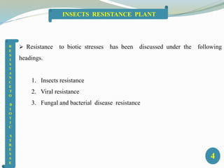  Resistance to biotic stresses has been discussed under the following
headings.
1. Insects resistance
2. Viral resistance
3. Fungal and bacterial disease resistance
R
E
S
I
S
T
A
N
C
E
T
O
B
I
O
T
I
C
S
T
R
E
S
S
E
4
INSECTS RESISTANCE PLANT
 