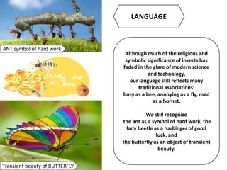 Although much of the religious and
symbolic significance of insects has
faded in the glare of modern science
and technology,
our language still reflects many
traditional associations:
busy as a bee, annoying as a fly, mad
as a hornet.
We still recognize
the ant as a symbol of hard work, the
lady beetle as a harbinger of good
luck, and
the butterfly as an object of transient
beauty.
LANGUAGE
ANT symbol of hard work
Transient beauty of BUTTERFLY
 