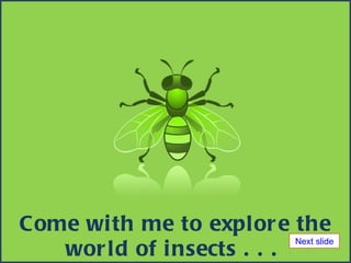 Come with me to explore the world of insects . . .  Next slide 
