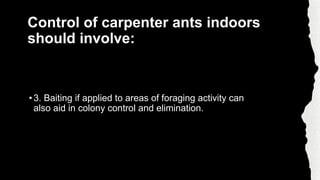 Control of carpenter ants indoors
should involve:
•3. Baiting if applied to areas of foraging activity can
also aid in col...