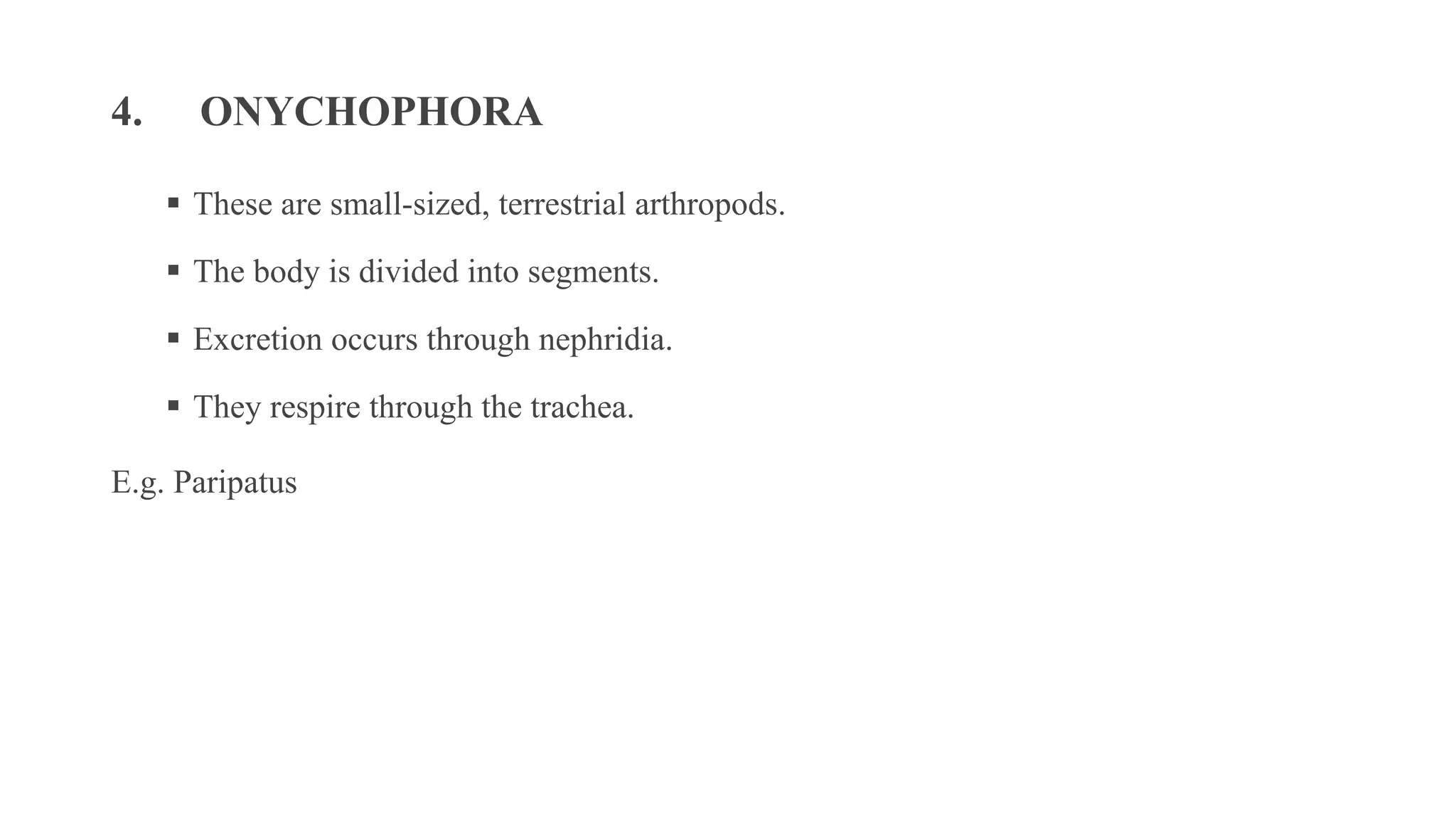 4. ONYCHOPHORA
▪ These are small-sized, terrestrial arthropods.
▪ The body is divided into segments.
▪ Excretion occurs through nephridia.
▪ They respire through the trachea.
E.g. Paripatus
 