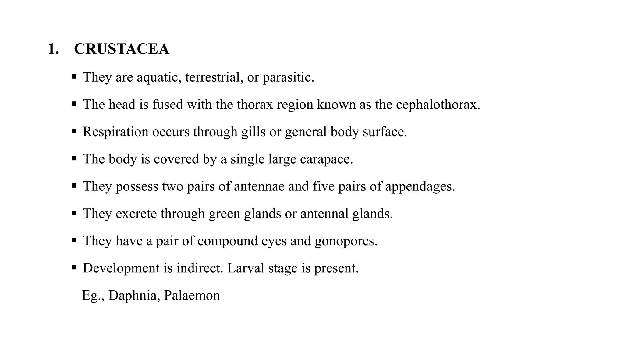 1. CRUSTACEA
▪ They are aquatic, terrestrial, or parasitic.
▪ The head is fused with the thorax region known as the cephalothorax.
▪ Respiration occurs through gills or general body surface.
▪ The body is covered by a single large carapace.
▪ They possess two pairs of antennae and five pairs of appendages.
▪ They excrete through green glands or antennal glands.
▪ They have a pair of compound eyes and gonopores.
▪ Development is indirect. Larval stage is present.
Eg., Daphnia, Palaemon
 