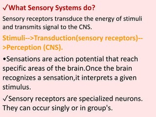 ✓What Sensory Systems do?
Sensory receptors transduce the energy of stimuli
and transmits signal to the CNS.
Stimuli-->Transduction(sensory receptors)--
>Perception (CNS).
•Sensations are action potential that reach
specific areas of the brain.Once the brain
recognizes a sensation,it interprets a given
stimulus.
✓Sensory receptors are specialized neurons.
They can occur singly or in group's.
 