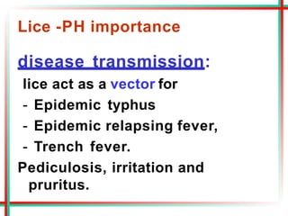 Lice -PH importance
disease transmission:
lice act as a vector for
- Epidemic typhus
- Epidemic relapsing fever,
- Trench fever.
Pediculosis, irritation and
pruritus.
 