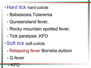 •Hard tick hard cuticle
- Babesiosis,Tularemia
- Quneensland fever,
- Rocky mountain spotted fever,
- Tick paralysis ,KFD
•Soft tick soft cuticle
- Relapsing fever Borrelia duttoni
- Q fever
- KFD
 