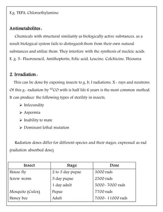 E.g. TEPA, Chloroethylamine
Antimetabolites :
Chemicals with structural similarity as biologically active substances, as a
result biological system fails to distinguish them from their own natural
substances and utilize them. They interfere with the synthesis of nucleic acids.
E. g. 5- Fluorouracil, Amithopterin, Folic acid, Leucine, Colchicine, Thiourea
2. Irradiation :
This can be done by exposing insects to g, b, l radiations, X- rays and neutrons.
Of this g- radiation by 60
CO with is half life 6 years is the most common method.
It can produce the following types of sterility in insects,
 Infecundity
 Aspermia
 Inability to mate
 Dominant lethal mutation
Radiation doses differ for different species and their stages, expressed as rad
(radiation absorbed dose)
Insect Stage Dose
House fly
Screw worm
Mosquito (Culex)
Honey bee
2 to 3 day pupae
5 day pupae
1 day adult
Pupae
Adult
3000 rads
2500 rads
5000- 7000 rads
7700 rads
7000- 11000 rads
 