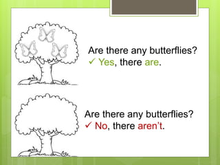 Are there any butterflies?
 Yes, there are.
Are there any butterflies?
 No, there aren’t.
 