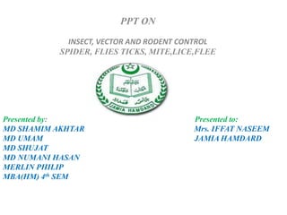 PPT ON
INSECT, VECTOR AND RODENT CONTROL
SPIDER, FLIES TICKS, MITE,LICE,FLEE
Presented by: Presented to:
MD SHAMIM AKHTAR Mrs. IFFAT NASEEM
MD UMAM JAMIA HAMDARD
MD SHUJAT
MD NUMANI HASAN
MERLIN PHILIP
MBA(HM) 4th SEM
 