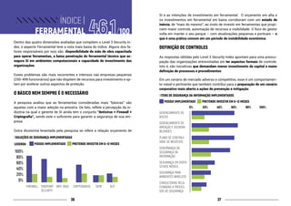 3736
					 ÍNDICE |
		 FERRAMENTAL
Dentro das quatro dimensões avaliadas que compõem o Level 3 Security In-
dex, o aspecto Ferramental teve a nota mais baixa do índice. Alguns dos fa-
tores responsáveis por isso são: disponibilidade de mão de obra capacitada
para operar ferramentas, a baixa penetração do ferramental técnico que as-
segura SI em ambientes computacionais e capacidade de investimento das
organizações.
Esses problemas são mais recorrentes e intensos nas empresas pequenas
(250-499 funcionários) que não dispõem de recursos para investimento e op-
tam por acelerar outros aspectos de proteção.
O BÁSICO NEM SEMPRE É O NECESSÁRIO
A pesquisa avaliou que as ferramentas consideradas mais “básicas” são
aquelas com a maior adoção na amostra. De fato, reflete a percepção da in-
dústria na qual o gerente de SI ainda tem o conjunto “Antivírus + Firewall +
Criptografia”, sendo este o suficiente para garantir a segurança de sua em-
presa.
Outra dicotomia levantada pela pesquisa se refere a relação orçamento de
SI e as intenções de investimento em ferramental. O orçamento em alta e
os investimentos em ferramental em baixa corroboram com um estado de
inércia, de “mais do mesmo”, ao invés de investir em ferramentas que propi-
ciem maior controle, automação de recursos e visibilidade. O foco do gestor
volta em manter o seu parque – com atualizações pequenas e pontuais – o
que é uma prática comum em um período de instabilidade econômica.
DEFINIÇÃO DE CONTROLES
As respostas obtidas pelo Level 3 Security Index apontam para uma preocu-
pação das organizações entrevistadas em ter aspectos formais de controle.
Isto é, são iniciativas que demandam menor investimento de capital e maior
definição de processos e procedimentos.
Em um cenário de mercado adverso e competitivo, esse é um comportamen-
to viável e pertinente que também contribui para a preparação de um cenário
corporativo mais aberto a ações de prevenção e mitigação.
| SOLUÇÕES DE SEGURANÇA IMPLEMENTADAS
| ITENS DE SEGURANÇA DA INFORMAÇÃO IMPLEMENTADOS
100%
60%
20%
80%
40%
0%
FIREWALL SIEM DLPCRIPTOGRAFIAENDPOINT
SECURITY
ANTI- DDoS
20% 40% 60% 80% 100%0%
GERENCIAMENTO DE
RISCOS
PLANO DE CONTINUI-
DADE DE NEGÓCIOS
GOVERNANÇA DA
SEGURANÇA DA
INFORMAÇÃO
SEGURANÇA EM DISPO-
SITIVOS MÓVEIS
SEGURANÇA PARA
AMBIENTES WIRELESS
CONSULTORIAS RELA-
CIONADAS A PROCES-
SOS DE SEGURANÇA
GERENCIAMENTO DE
AMEAÇAS E VULNERA-
BILIDADES
LEGENDA POSSUI IMPLEMENTADO PRETENDE INVESTIR EM 6~12 MESES
POSSUI IMPLEMENTADO PRETENDE INVESTIR EM 6~12 MESES
 