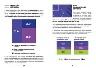 3938
		CAPACITAÇÃO
		PROFISSIONAL
A falta de profissionais, citada na dimensão de Conscientização, se soma à
baixa disponibilidade de mão de obra qualificada. Na amostra dos entrevista-
dos, 61.7% indicaram que suas equipes estão aquém do desejado em termos
de capacidade para operar os ferramentais disponíveis e o número de pesso-
as, ou que apenas alguns funcionários têm o conhecimento necessário.
MSSP
COMO UMA SOLUÇÃO
IMPORTANTE
Nesse cenário escasso de qualifica-
ção profissional e de baixa adoção
ferramental por parte das organi-
zações, os serviços gerenciados se
apresentam como uma opção rele-
vante para os negócios. 57% das organizações entrevistadas já contrataram
um MSSP com ticket médio de 20 mil reais por mês.
41,2% dos entrevistados também reconhecem a capacidade de soluções de
segurança no modelo Open Source, considerando-as como investimento ini-
cial mais intenso para viabilizar aspectos de segurança.
O mesmo vale para soluções de segurança em Cloud, sendo contratadas
como serviço em um modelo de pagamento de uso. 35.3% abrem mão de uma
solução de segurança em Cloud, enquanto 22.5% consideram adotar.
O Level 3 Security Index ainda sustenta uma relação entre falta de profis-
sionais qualificados e a inércia na adoção de novas ferramentas. Análise da
pesquisa levanta a hipótese de que os investimentos ferramentais estejam
sendo postergados por conta da ausência de profissionais capacitados para
configurar, operar e interpretar indicadores.
33.3%
38.2%
28.4%
A MAIORIA DOS PROFISSIONAIS ESTÁ PLENAMENTE
CAPACITADA
APENAS ALGUNS PROFISSIONAIS ESTÃO PLENA-
MENTE CAPACITADOS
A CAPACITAÇÃO ESTÁ ABAIXO DO QUE EU GOSTARIA
| UTILIZAÇÃO DE SOLUÇÃO DE
SEGURANÇA OPEN SOURCE
| UTILIZAÇÃO DE SOLUÇÃO DE
SEGURANÇA EM CLOUD
18.6%45.1%
50.1%13.7%
30.4%41.2%
SIM NÃO, MAS CONSIDERA UTILIZAR NÃO
 