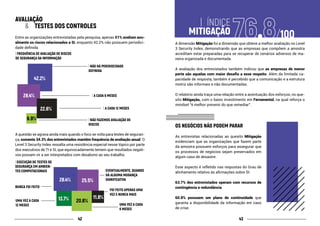 4342
AVALIAÇÃO
	&	TESTES DOS CONTROLES
Entre as organizações entrevistadas pela pesquisa, apenas 51% avaliam anu-
almente os riscos relacionados a SI, enquanto 42.2% não possuem periodici-
dade definida.
A questão se agrava ainda mais quando o foco se volta para testes de seguran-
ça, somente 34.3% dos entrevistados mantêm frequência de avaliação anual. O
Level 3 Security Index ressalta uma resistência especial nesse tópico por parte
dos executivos de TI e SI, que equivocadamente temem que resultados negati-
vos possam vir a ser interpretados com desabono ao seu trabalho.
22.6%
28.4%
42.2%
| NÃO HÁ PERIDIOCIDADE
DEFINIDA
| NÃO FAZEMOS AVALIAÇÃO DE
RISCOS
| A CADA 6 MESES
| A CADA 12 MESES
| FREQUÊNCIA DE AVALIAÇÃO DE RISCOS
DE SEGURANÇA DA INFORMAÇÃO
6.9%
UMA VEZ A CADA
6 MESES
UMA VEZ A CADA
12 MESES
FOI FEITO APENAS UMA
VEZ E NUNCA MAIS
NUNCA FOI FEITO
EVENTUALMENTE, QUANDO
HÁ ALGUMA MUDANÇA
SIGNIFICATIVA28.4% 25.5%
13.7% 11.8%
20.6%
| EXECUÇÃO DE TESTES DE
SEGURANÇA EM AMBIEN-
TES COMPUTACIONAIS
| ÍNDICE
MITIGAÇÃO
A dimensão Mitigação foi a dimensão que obteve a melhor avaliação no Level
3 Security Index, demonstrando que as empresas que compõem a amostra
acreditam estar preparadas para se recuperar de cenários adversos de ma-
neira organizada e documentada.
A avaliação dos entrevistados também indicou que as empresas de menor
porte são aquelas com maior desafio a esse respeito. Além da limitada ca-
pacidade de resposta, também é percebido que a comunicação e a estrutura
motriz são informais e não documentadas.
O relatório ainda traça uma relação entre a acentuação dos esforços, no que-
sito Mitigação, com o baixo investimento em Ferramental, na qual reforça o
mindset “é melhor prevenir do que remediar”.
OS NEGÓCIOS NÃO PODEM PARAR
As entrevistas relacionadas ao quesito Mitigação
evidenciam que as organizações que fazem parte
da amostra possuem esforços para assegurar que
os processos de negócios sejam preservados em
algum caso de desastre.
Esse aspecto é refletido nas respostas do Grau de
alinhamento relativo às afirmações sobre SI:
63.7% dos entrevistados operam com recursos de
contingência e redundância.
60.8% possuem um plano de continuidade que
garanta a disponibilidade da informação em caso
de crise.
 