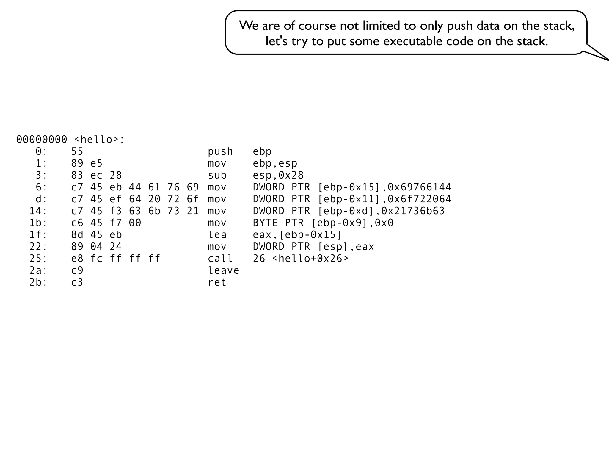 We are of course not limited to only push data on the stack,
let's try to put some executable code on the stack.
00000000 <hello>:
0: 55 push ebp
1: 89 e5 mov ebp,esp
3: 83 ec 28 sub esp,0x28
6: c7 45 eb 44 61 76 69 mov DWORD PTR [ebp-0x15],0x69766144
d: c7 45 ef 64 20 72 6f mov DWORD PTR [ebp-0x11],0x6f722064
14: c7 45 f3 63 6b 73 21 mov DWORD PTR [ebp-0xd],0x21736b63
1b: c6 45 f7 00 mov BYTE PTR [ebp-0x9],0x0
1f: 8d 45 eb lea eax,[ebp-0x15]
22: 89 04 24 mov DWORD PTR [esp],eax
25: e8 fc ff ff ff call 26 <hello+0x26>
2a: c9 leave
2b: c3 ret
 