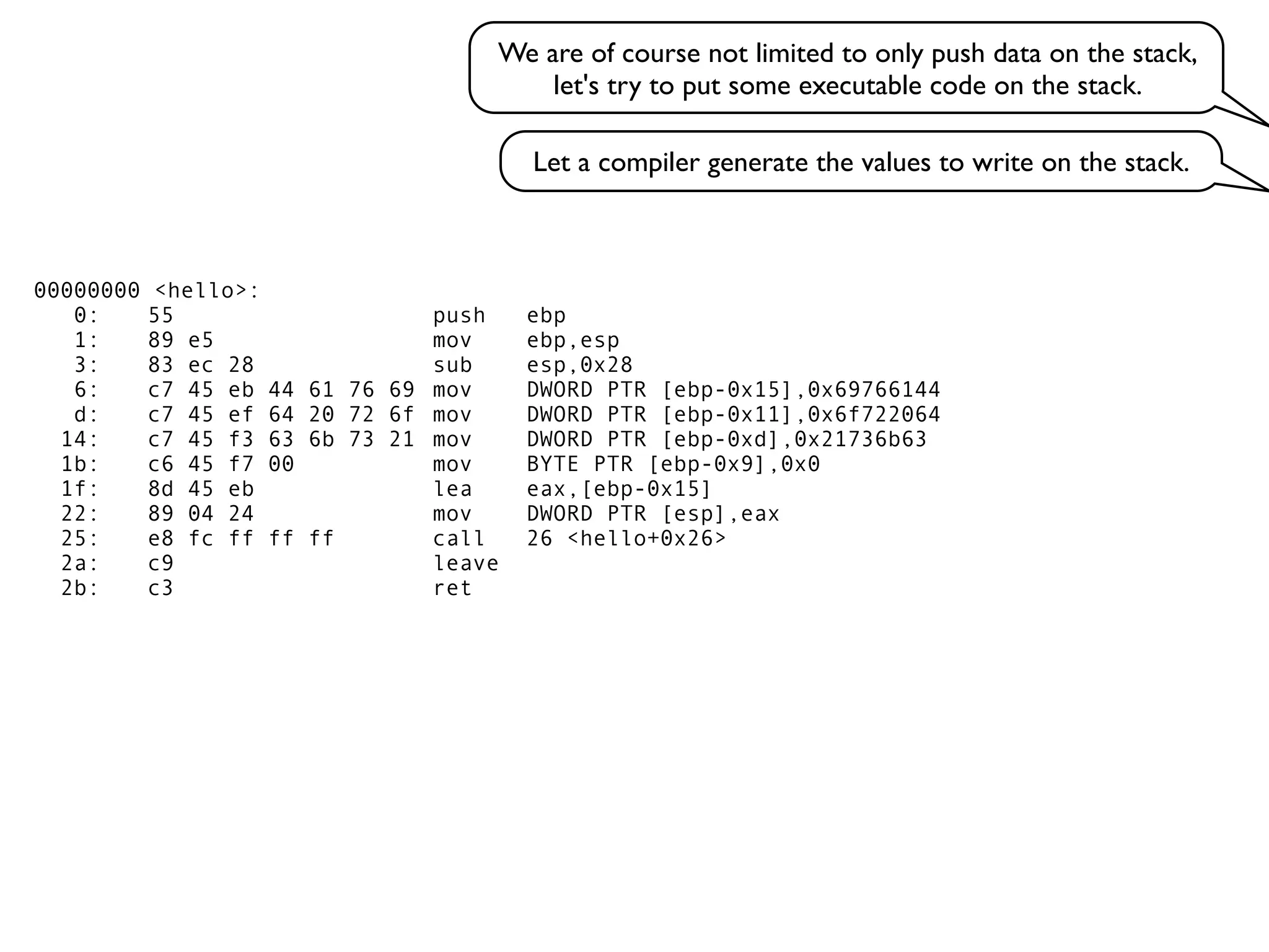 We are of course not limited to only push data on the stack,
let's try to put some executable code on the stack.
Let a compiler generate the values to write on the stack.
00000000 <hello>:
0: 55 push ebp
1: 89 e5 mov ebp,esp
3: 83 ec 28 sub esp,0x28
6: c7 45 eb 44 61 76 69 mov DWORD PTR [ebp-0x15],0x69766144
d: c7 45 ef 64 20 72 6f mov DWORD PTR [ebp-0x11],0x6f722064
14: c7 45 f3 63 6b 73 21 mov DWORD PTR [ebp-0xd],0x21736b63
1b: c6 45 f7 00 mov BYTE PTR [ebp-0x9],0x0
1f: 8d 45 eb lea eax,[ebp-0x15]
22: 89 04 24 mov DWORD PTR [esp],eax
25: e8 fc ff ff ff call 26 <hello+0x26>
2a: c9 leave
2b: c3 ret
 