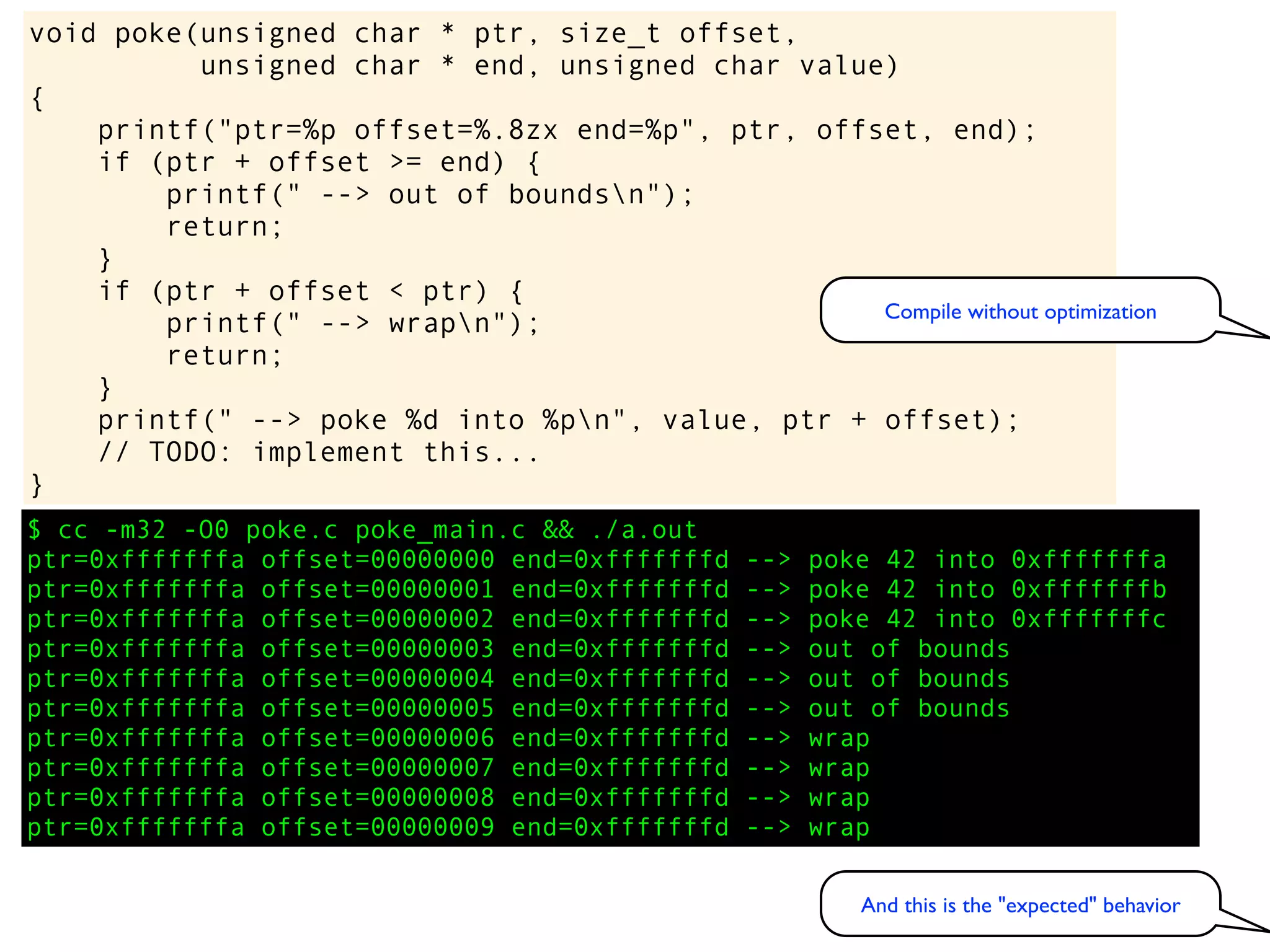$ cc -m32 -O0 poke.c poke_main.c && ./a.out
ptr=0xfffffffa offset=00000000 end=0xfffffffd --> poke 42 into 0xfffffffa
ptr=0xfffffffa offset=00000001 end=0xfffffffd --> poke 42 into 0xfffffffb
ptr=0xfffffffa offset=00000002 end=0xfffffffd --> poke 42 into 0xfffffffc
ptr=0xfffffffa offset=00000003 end=0xfffffffd --> out of bounds
ptr=0xfffffffa offset=00000004 end=0xfffffffd --> out of bounds
ptr=0xfffffffa offset=00000005 end=0xfffffffd --> out of bounds
ptr=0xfffffffa offset=00000006 end=0xfffffffd --> wrap
ptr=0xfffffffa offset=00000007 end=0xfffffffd --> wrap
ptr=0xfffffffa offset=00000008 end=0xfffffffd --> wrap
ptr=0xfffffffa offset=00000009 end=0xfffffffd --> wrap
void poke(unsigned char * ptr, size_t offset,
unsigned char * end, unsigned char value)
{
printf("ptr=%p offset=%.8zx end=%p", ptr, offset, end);
if (ptr + offset >= end) {
printf(" --> out of boundsn");
return;
}
if (ptr + offset < ptr) {
printf(" --> wrapn");
return;
}
printf(" --> poke %d into %pn", value, ptr + offset);
// TODO: implement this...
}
Compile without optimization
And this is the "expected" behavior
 