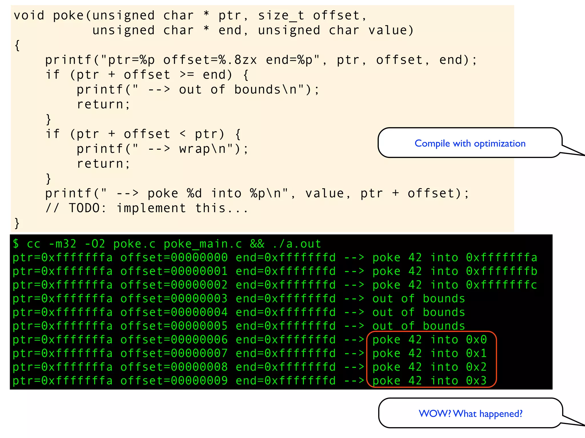 $ cc -m32 -O2 poke.c poke_main.c && ./a.out
ptr=0xfffffffa offset=00000000 end=0xfffffffd --> poke 42 into 0xfffffffa
ptr=0xfffffffa offset=00000001 end=0xfffffffd --> poke 42 into 0xfffffffb
ptr=0xfffffffa offset=00000002 end=0xfffffffd --> poke 42 into 0xfffffffc
ptr=0xfffffffa offset=00000003 end=0xfffffffd --> out of bounds
ptr=0xfffffffa offset=00000004 end=0xfffffffd --> out of bounds
ptr=0xfffffffa offset=00000005 end=0xfffffffd --> out of bounds
ptr=0xfffffffa offset=00000006 end=0xfffffffd --> poke 42 into 0x0
ptr=0xfffffffa offset=00000007 end=0xfffffffd --> poke 42 into 0x1
ptr=0xfffffffa offset=00000008 end=0xfffffffd --> poke 42 into 0x2
ptr=0xfffffffa offset=00000009 end=0xfffffffd --> poke 42 into 0x3
void poke(unsigned char * ptr, size_t offset,
unsigned char * end, unsigned char value)
{
printf("ptr=%p offset=%.8zx end=%p", ptr, offset, end);
if (ptr + offset >= end) {
printf(" --> out of boundsn");
return;
}
if (ptr + offset < ptr) {
printf(" --> wrapn");
return;
}
printf(" --> poke %d into %pn", value, ptr + offset);
// TODO: implement this...
}
WOW? What happened?
Compile with optimization
 