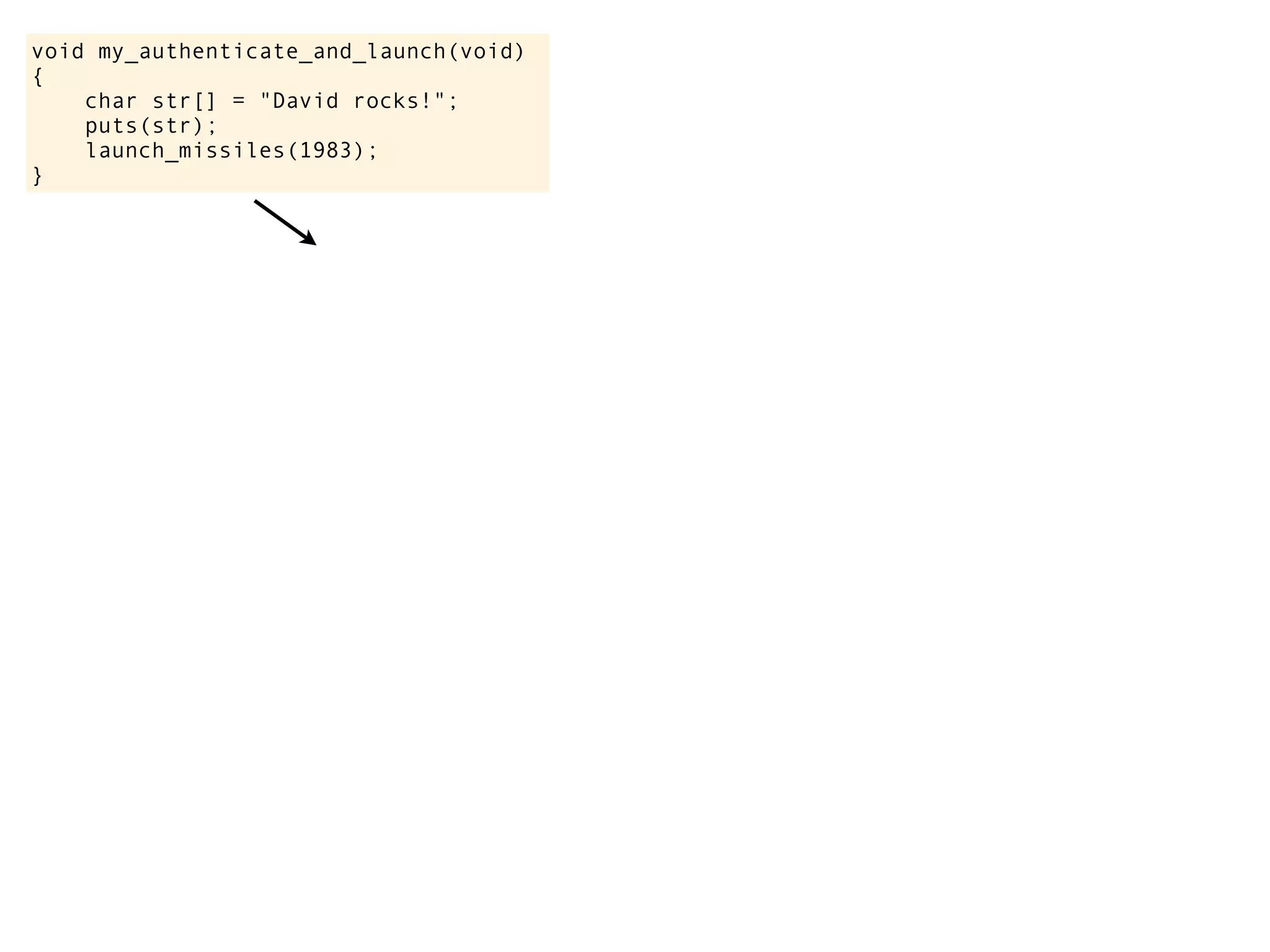void my_authenticate_and_launch(void)
{
char str[] = "David rocks!";
puts(str);
launch_missiles(1983);
}
 