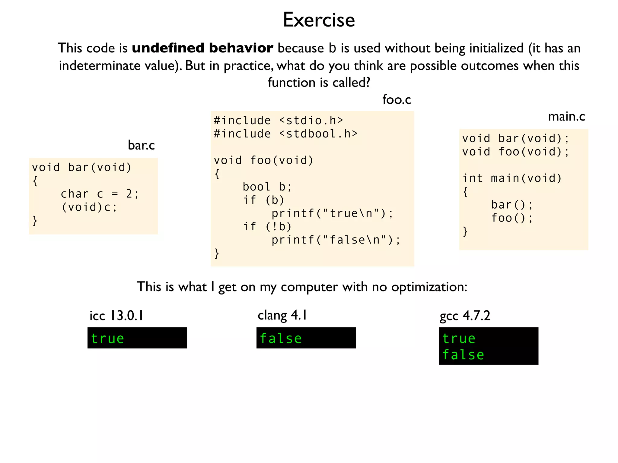 Exercise
#include <stdio.h>
#include <stdbool.h>
void foo(void)
{
bool b;
if (b)
printf("truen");
if (!b)
printf("falsen");
}
foo.c
This code is undeﬁned behavior because b is used without being initialized (it has an
indeterminate value). But in practice, what do you think are possible outcomes when this
function is called?
void bar(void);
void foo(void);
int main(void)
{
bar();
foo();
}
main.c
void bar(void)
{
char c = 2;
(void)c;
}
bar.c
This is what I get on my computer with no optimization:
true
icc 13.0.1
true
false
gcc 4.7.2
false
clang 4.1
 