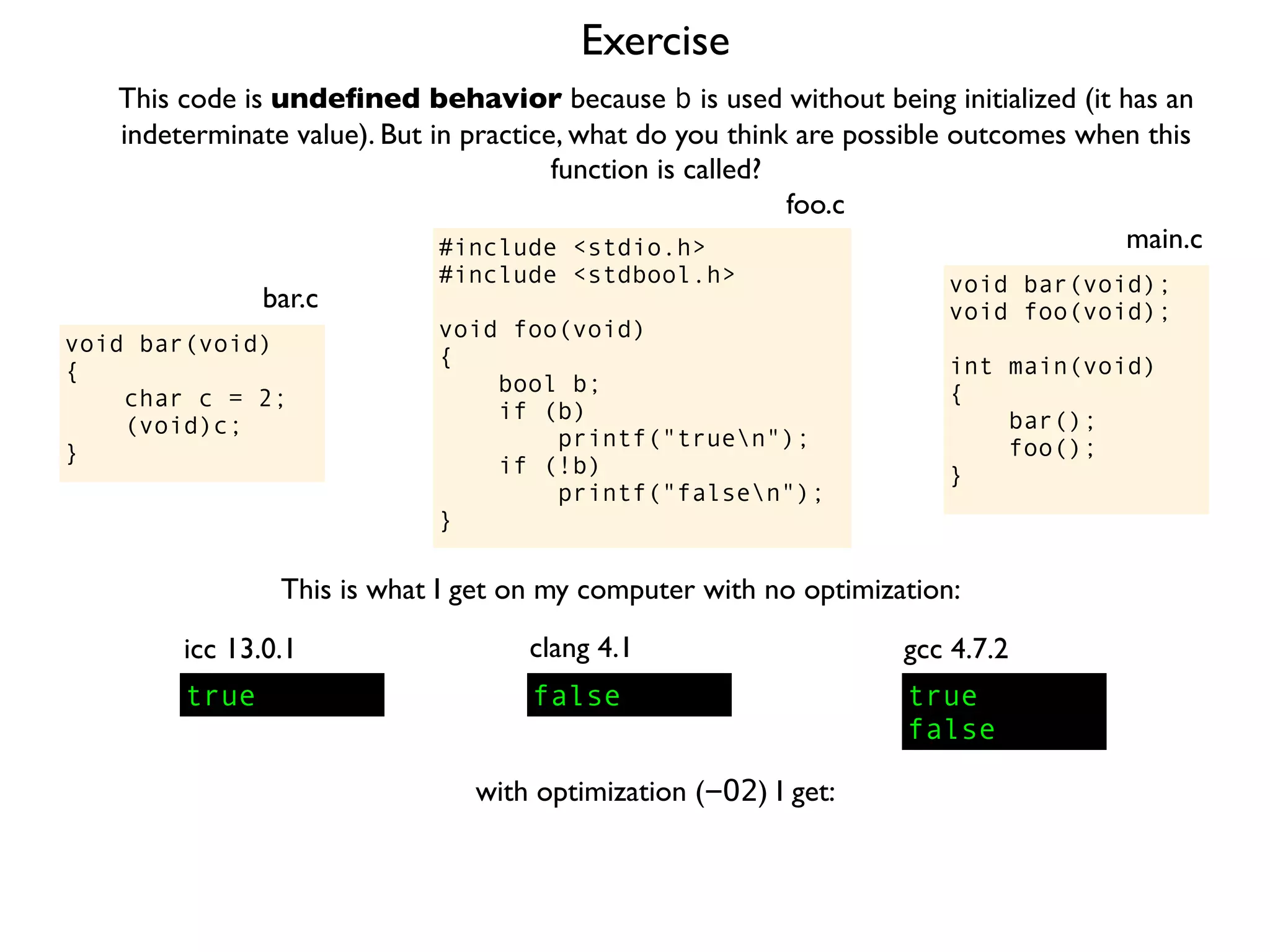 Exercise
#include <stdio.h>
#include <stdbool.h>
void foo(void)
{
bool b;
if (b)
printf("truen");
if (!b)
printf("falsen");
}
foo.c
This code is undeﬁned behavior because b is used without being initialized (it has an
indeterminate value). But in practice, what do you think are possible outcomes when this
function is called?
void bar(void);
void foo(void);
int main(void)
{
bar();
foo();
}
main.c
void bar(void)
{
char c = 2;
(void)c;
}
bar.c
This is what I get on my computer with no optimization:
true
icc 13.0.1
true
false
gcc 4.7.2
false
clang 4.1
with optimization (-O2) I get:
 