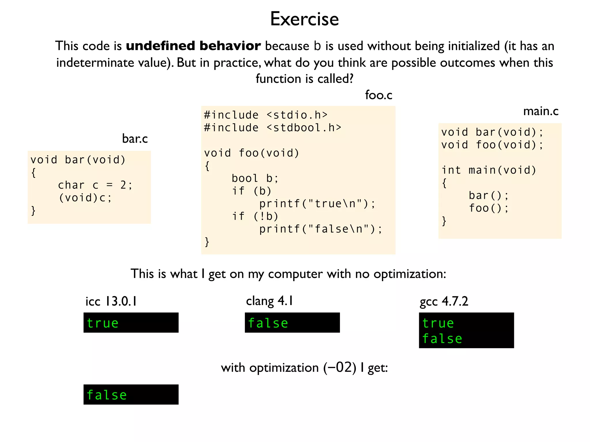 Exercise
#include <stdio.h>
#include <stdbool.h>
void foo(void)
{
bool b;
if (b)
printf("truen");
if (!b)
printf("falsen");
}
foo.c
This code is undeﬁned behavior because b is used without being initialized (it has an
indeterminate value). But in practice, what do you think are possible outcomes when this
function is called?
void bar(void);
void foo(void);
int main(void)
{
bar();
foo();
}
main.c
void bar(void)
{
char c = 2;
(void)c;
}
bar.c
This is what I get on my computer with no optimization:
true
icc 13.0.1
true
false
gcc 4.7.2
false
clang 4.1
with optimization (-O2) I get:
false
 