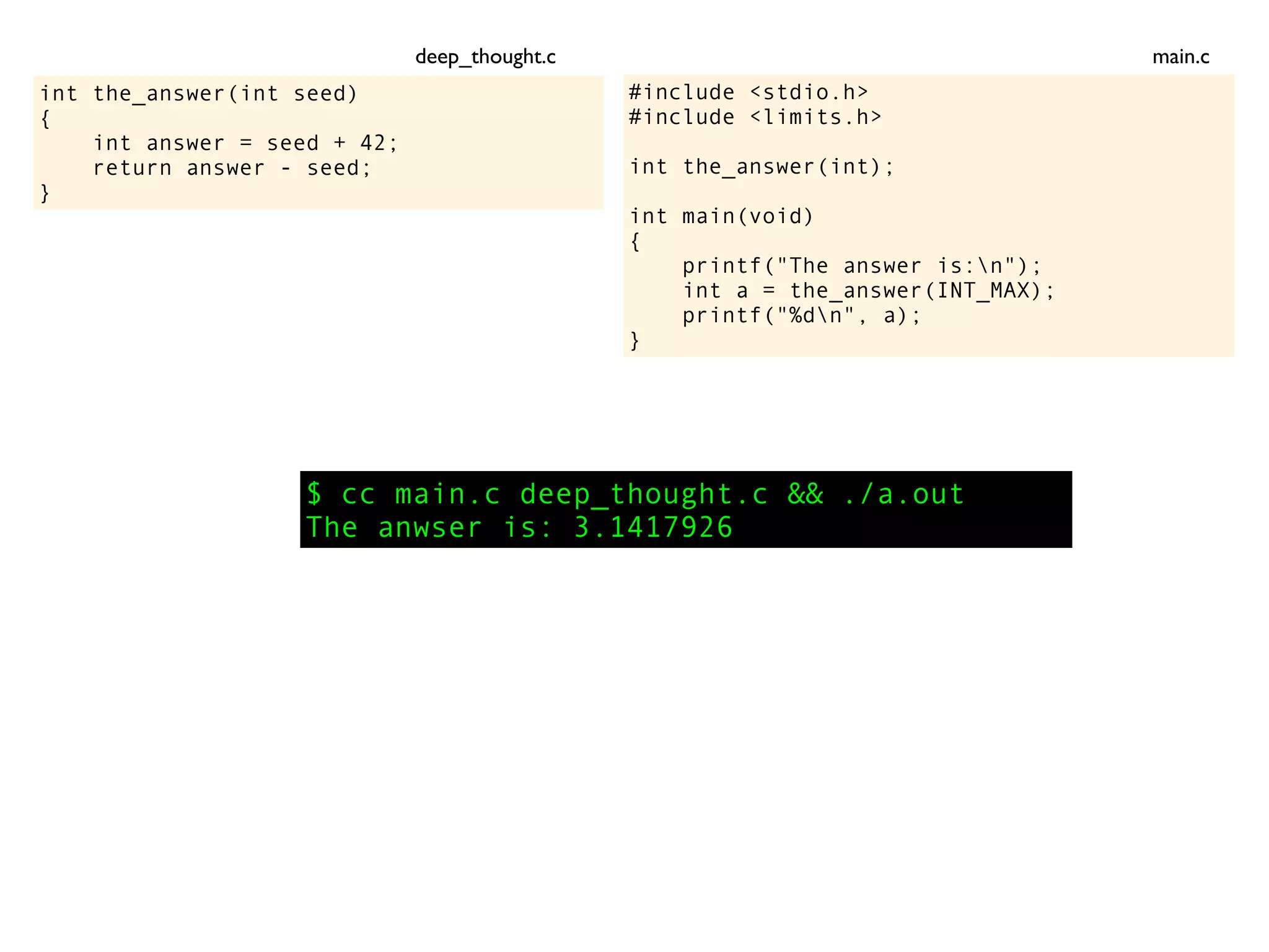 int the_answer(int seed)
{
int answer = seed + 42;
return answer - seed;
}
$ cc main.c deep_thought.c && ./a.out
The anwser is: 3.1417926
#include <stdio.h>
#include <limits.h>
int the_answer(int);
int main(void)
{
printf("The answer is:n");
int a = the_answer(INT_MAX);
printf("%dn", a);
}
main.cdeep_thought.c
 