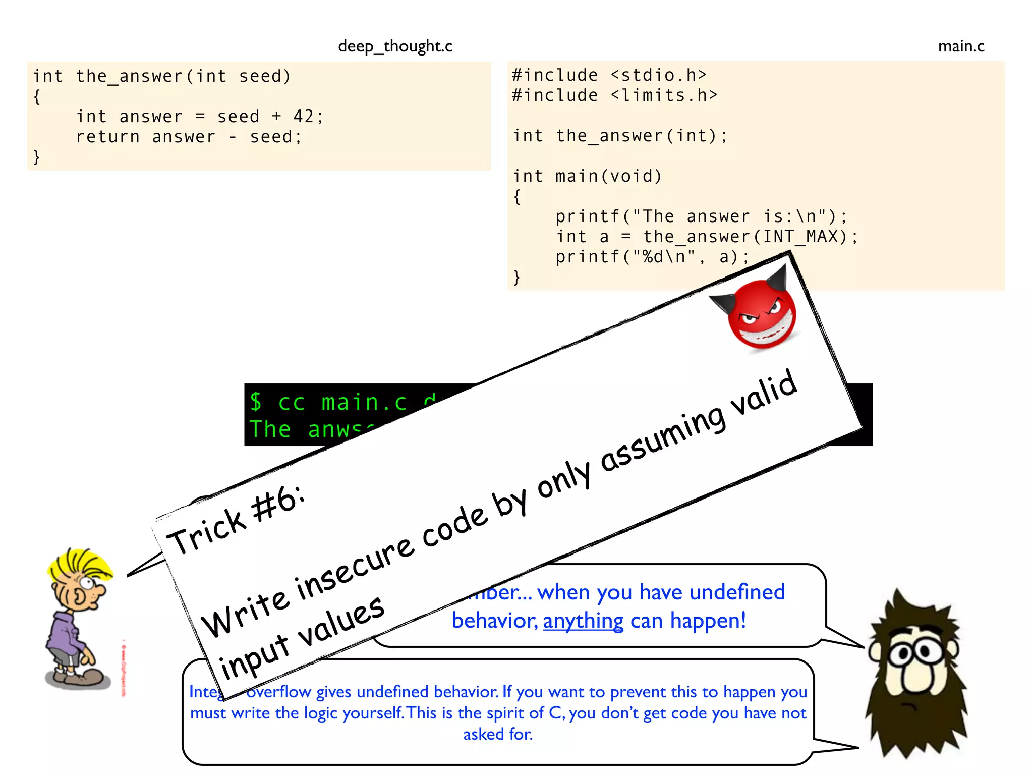 int the_answer(int seed)
{
int answer = seed + 42;
return answer - seed;
}
$ cc main.c deep_thought.c && ./a.out
The anwser is: 3.1417926
Inconceivable!
Remember... when you have undeﬁned
behavior, anything can happen!
#include <stdio.h>
#include <limits.h>
int the_answer(int);
int main(void)
{
printf("The answer is:n");
int a = the_answer(INT_MAX);
printf("%dn", a);
}
main.cdeep_thought.c
Integer overﬂow gives undeﬁned behavior. If you want to prevent this to happen you
must write the logic yourself.This is the spirit of C, you don’t get code you have not
asked for.
Trick #6:
Write insecure code by only assuming valid
input values
 