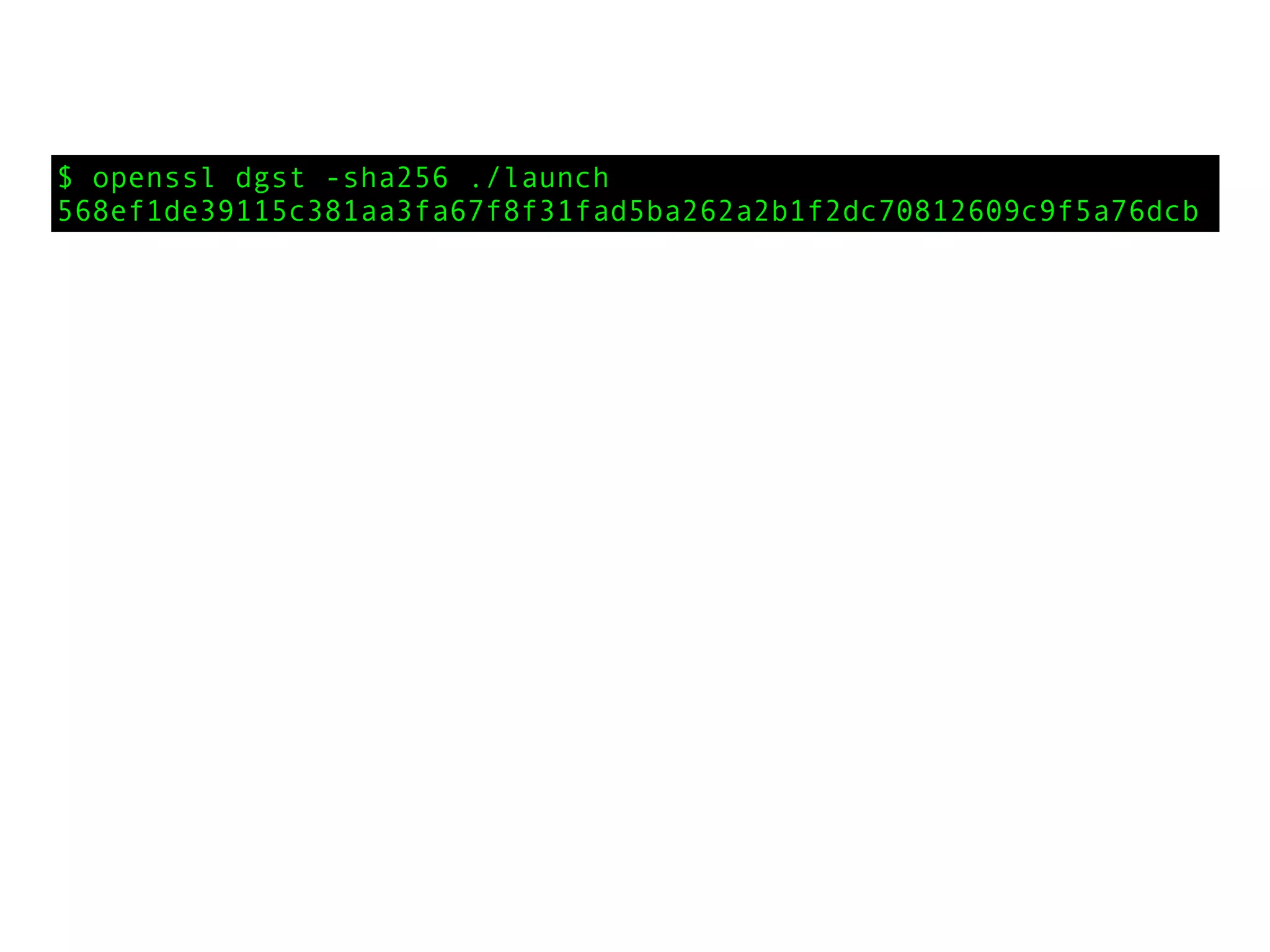 $ openssl dgst -sha256 ./launch
568ef1de39115c381aa3fa67f8f31fad5ba262a2b1f2dc70812609c9f5a76dcb
 