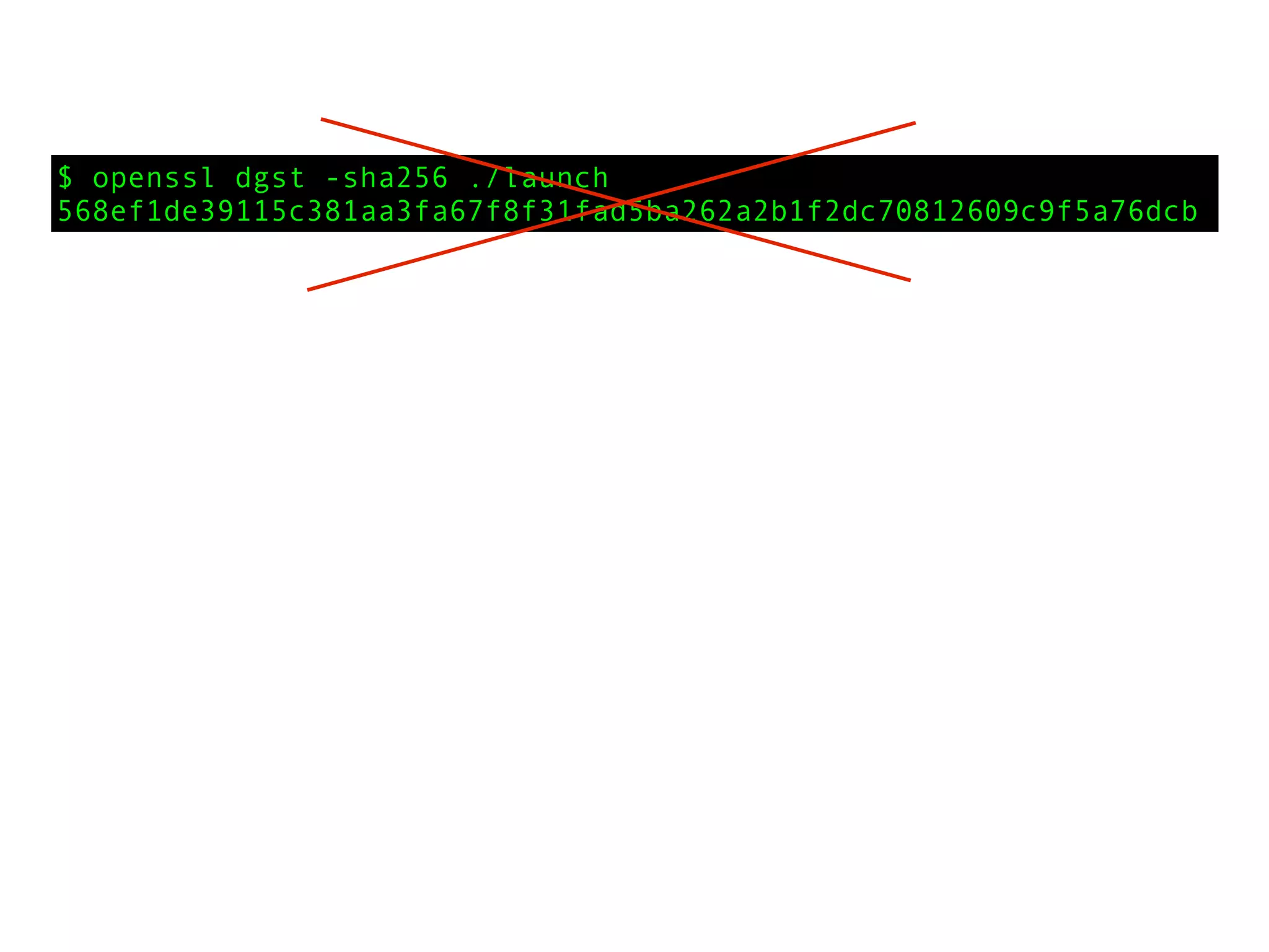 $ openssl dgst -sha256 ./launch
568ef1de39115c381aa3fa67f8f31fad5ba262a2b1f2dc70812609c9f5a76dcb
 
