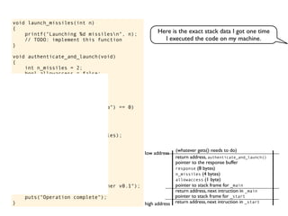 void launch_missiles(int n)
{
printf("Launching %d missilesn", n);
// TODO: implement this function
}
void authenticate_and_launch(void)
{
int n_missiles = 2;
bool allowaccess = false;
char response[8];
printf("Secret: ");
gets(response);
if (strcmp(response, "Joshua") == 0)
allowaccess = true;
if (allowaccess) {
puts("Access granted");
launch_missiles(n_missiles);
}
if (!allowaccess)
puts("Access denied");
}
int main(void)
{
puts("WarGames MissileLauncher v0.1");
authenticate_and_launch();
puts("Operation complete");
}
allowaccess (1 byte)
response (8 bytes)
n_missiles (4 bytes)
return address, next intruction in _start
pointer to stack frame for _start
high address
low address
return address, next intruction in _main
pointer to stack frame for _main
pointer to the response buffer
return address, authenticate_and_launch()
(whatever gets() needs to do)
Here is the exact stack data I got one time
I executed the code on my machine.
 