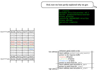 return address, next intruction in _start
pointer to stack frame for _start
high address
low address
return address, next intruction in _main
pointer to stack frame for _main
pointer to the response buffer
return address, authenticate_and_launch()
(whatever gets() needs to do)
And, now we have partly explained why we got:
allowaccess (1 byte)
n_missiles (4 bytes)
response (8 bytes)
0x50 0xfa 0xff 0xbf
0x00 0x40 0xfc 0xb7
0x00 0x00 0x00 0x00
0x00 0x39 0xe1 0xb7
0x67 0x6c 0x6f 0x62
0x61 0x6c 0x74 0x68
0x65 0x72 0x6d 0x6f
0x6e 0x75 0x63 0x6c
0x65 0x61 0x72 0x77
0x61 0x72 0x00 0x00
0x88 0xfa 0xff 0xbf
0x5b 0x85 0x04 0x08
$ ./launch
WarGames MissileLauncher v0.1
Secret: globalthermonuclearwar
Access granted
Launching 1869443685 missiles
Access denied
Operation complete
$
0xbffffa40
0xbffffa6c
 