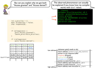 0x50 0xfa 0xff 0xbf
0x00 0x40 0xfc 0xb7
0x00 0x00 0x00 0x00
0x00 0x39 0xe1 0xb7
0x67 0x6c 0x6f 0x62
0x61 0x6c 0x74 0x68
0x65 0x72 0x6d 0x6f
0x6e 0x75 0x63 0x6c
0x65 0x61 0x72 0x77
0x61 0x72 0x00 0x00
0x88 0xfa 0xff 0xbf
0x5b 0x85 0x04 0x08
return address, next intruction in _start
pointer to stack frame for _start
high address
low address
return address, next intruction in _main
pointer to stack frame for _main
pointer to the response buffer
return address, authenticate_and_launch()
(whatever gets() needs to do)
allowaccess (1 byte)
n_missiles (4 bytes)
response (8 bytes)
$ ./launch
WarGames MissileLauncher v0.1
Secret: globalthermonuclearwar
Access granted
Launching 1869443685 missiles
Access denied
Operation complete
$
But can you explain why we got both
"Access granted" and "Access denied"?
The observed phenomenon can actually
be explained if you know how my compiler
works with bool values.
0xbffffa40
0xbffffa6c
int n_missiles = 2;
bool allowaccess = false;
char response[8];
...
if (allowaccess) {
puts("Access granted");
launch_missiles(n_missiles);
}
if (!allowaccess)
puts("Access denied");
 