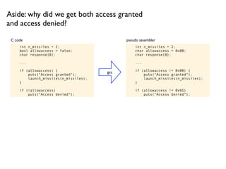 int n_missiles = 2;
bool allowaccess = false;
char response[8];
...
if (allowaccess) {
puts("Access granted");
launch_missiles(n_missiles);
}
if (!allowaccess)
puts("Access denied");
int n_missiles = 2;
char allowaccess = 0x00;
char response[8];
...
if (allowaccess != 0x00) {
puts("Access granted");
launch_missiles(n_missiles);
}
if (allowaccess != 0x01)
puts("Access denied");
pseudo assemblerC code
Aside: why did we get both access granted
and access denied?
gcc
 