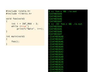 #include <stdio.h>
#include <limits.h>
void foo(void)
{
int i = INT_MAX - 3;
while (true )
printf("%dn", i++);
}
int main(void)
{
foo();
}
$ cc foo.c && ./a.out
2147483644
2147483645
2147483646
2147483647
$ cc -O2 foo.c && ./a.out
2147483644
2147483645
2147483646
2147483647
-2147483648
-2147483647
-2147483646
-2147483645
-2147483644
-2147483643
-2147483642
-2147483641
-2147483640
-2147483639
-2147483638
-2147483637
-2147483636
-2147483635
 
