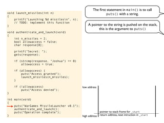 void launch_missiles(int n)
{
printf("Launching %d missilesn", n);
// TODO: implement this function
}
void authenticate_and_launch(void)
{
int n_missiles = 2;
bool allowaccess = false;
char response[8];
printf("Secret: ");
gets(response);
if (strcmp(response, "Joshua") == 0)
allowaccess = true;
if (allowaccess) {
puts("Access granted");
launch_missiles(n_missiles);
}
if (!allowaccess)
puts("Access denied");
}
int main(void)
{
puts("WarGames MissileLauncher v0.1");
authenticate_and_launch();
puts("Operation complete");
}
The ﬁrst statement in main() is to call
puts() with a string.
return address, next intruction in _start
pointer to stack frame for _start
high address
low address
A pointer to the string is pushed on the stack,
this is the argument to puts()
 