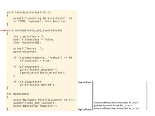 void launch_missiles(int n)
{
printf("Launching %d missilesn", n);
// TODO: implement this function
}
void authenticate_and_launch(void)
{
int n_missiles = 2;
bool allowaccess = false;
char response[8];
printf("Secret: ");
gets(response);
if (strcmp(response, "Joshua") == 0)
allowaccess = true;
if (allowaccess) {
puts("Access granted");
launch_missiles(n_missiles);
}
if (!allowaccess)
puts("Access denied");
}
int main(void)
{
puts("WarGames MissileLauncher v0.1");
authenticate_and_launch();
puts("Operation complete");
} return address, next intruction in _start
pointer to stack frame for _start
high address
low address
return address, next intruction in _main
 
