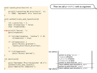 void launch_missiles(int n)
{
printf("Launching %d missilesn", n);
// TODO: implement this function
}
void authenticate_and_launch(void)
{
int n_missiles = 2;
bool allowaccess = false;
char response[8];
printf("Secret: ");
gets(response);
if (strcmp(response, "Joshua") == 0)
allowaccess = true;
if (allowaccess) {
puts("Access granted");
launch_missiles(n_missiles);
}
if (!allowaccess)
puts("Access denied");
}
int main(void)
{
puts("WarGames MissileLauncher v0.1");
authenticate_and_launch();
puts("Operation complete");
} return address, next intruction in _start
pointer to stack frame for _start
high address
low address
Then we call printf() with an argument.
return address, next intruction in _main
pointer to stack frame for _main
pointer to string "Secret: "
allowaccess (1 byte)
n_missiles (4 bytes)
response (8 bytes)
 